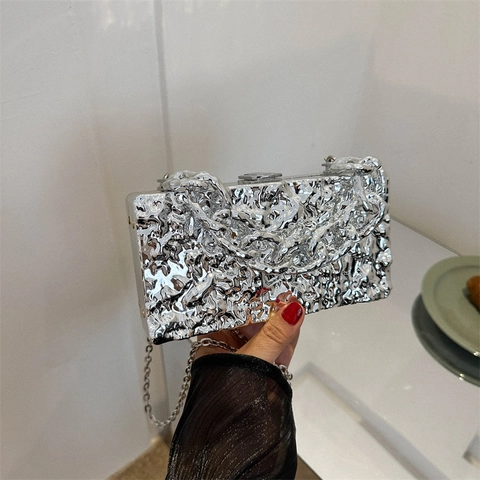 Irregular Wave Texture Acrylic Box Clutch Bag With Chain Strap Metallic Hard Shell Evening Party Crossbody Bag For Women