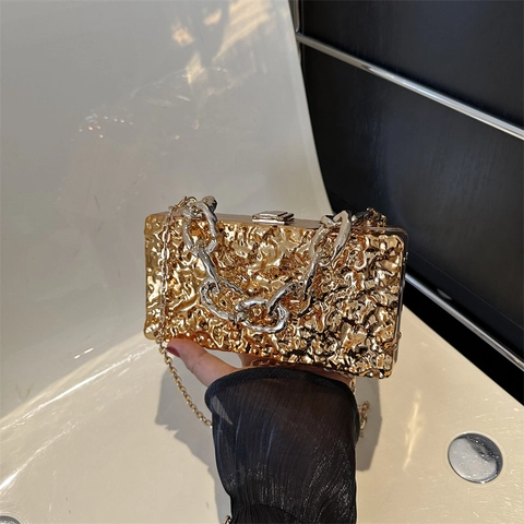 Irregular Wave Texture Acrylic Box Clutch Bag With Chain Strap Metallic Hard Shell Evening Party Crossbody Bag For Women