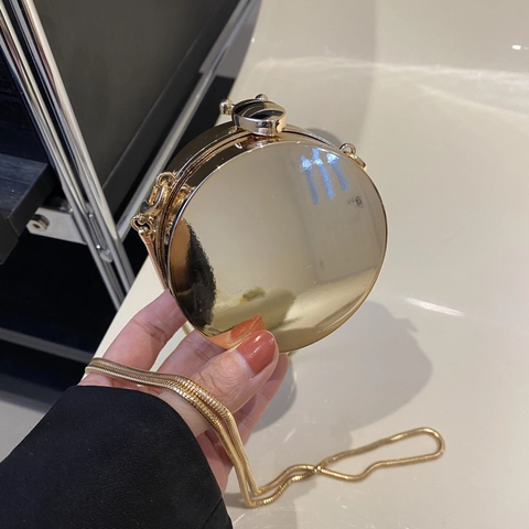 Mini Borsa Da Sera Rotonda Acrilico Specchio Metallico Chiusura Ape Catena Donne Accessorio Per Feste