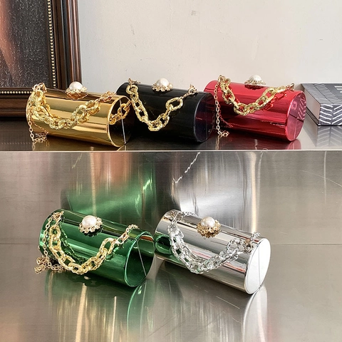 Cylindrical Evening Bag Acrylic Mirror Finish Artificial Pearl Clasp Double Chain Handheld Crossbody Party Clutch For Women