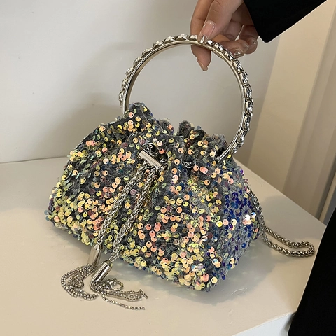 Sequin Bucket Bag Spring Summer Rhinestone Metal Circular Grip Shiny Evening Party Handbag With Chain Strap For Women Cinched