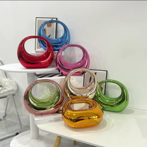 Acrylic Mirror Evening Bag Gradient Moon Shape Hollow Handle Handheld Crossbody Purse For Women With Chain Strap