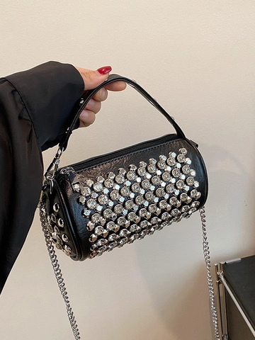 Strass Cilinder Schoudertas PU Leer Avondfeest Handtas Met Kettingriem En Handvat Voor Dames