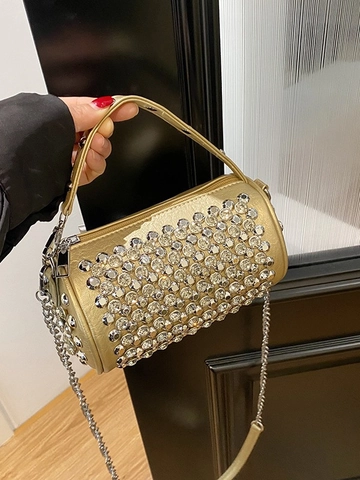 Strass Cilinder Schoudertas PU Leer Avondfeest Handtas Met Kettingriem En Handvat Voor Dames