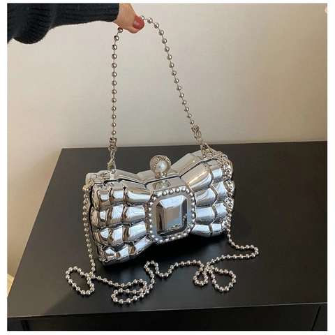 Pochette Da Sera Con Fiocco Guscio Rigido In Acrilico Metallico Borsa A Tracolla Con Chiusura A Perla Artificial Catena Per Donna