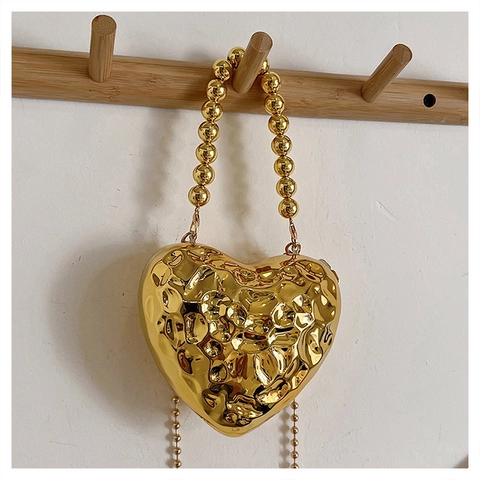 Heart Shaped Evening Bag Metal Texture Hammered Pattern Beaded Handle Chain Strap Crossbody Clutch For Women