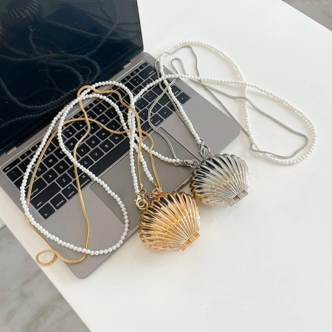 Mini Shell Shape Metal Hard Shell Evening Bag With Artificial Pearl Chain And Metal Strap Party Crossbody Handbag For Women
