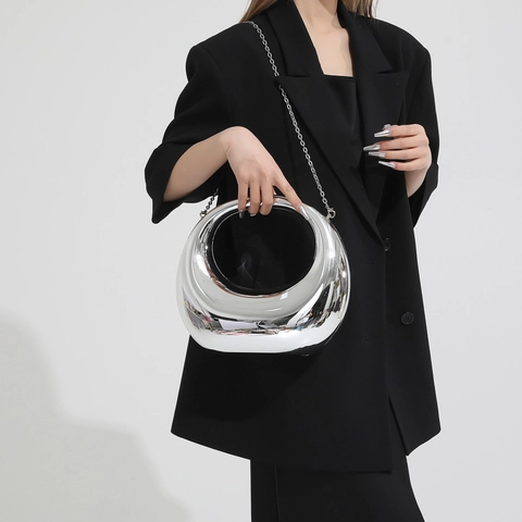 Metallic Mirror Acrylic Hard Shell Evening Bag Hollow Out Crescent Crossbody Handbag With Chain Strap For Women Party