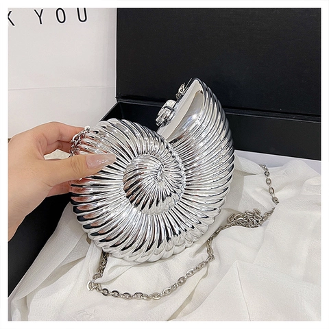 Women Nautilus Shell Evening Clutch Bag Metallic Acrylic Hard Shell Shoulder Bag With Chain Strap Fashion Party