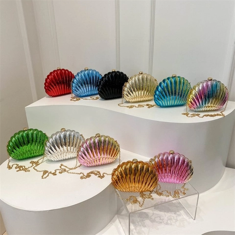 Shell Shaped Evening Bag Metallic Gradient PVC Clutch Purse With Metal Chain Strap For Women Party Wedding Fashion
