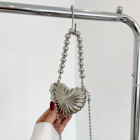 Borsa Da Sera Cuore Trama Metallica Pieghe Radiali Pochette Scatola Mano Tracolla Donne Festa Matrimonio Elegante Borsa