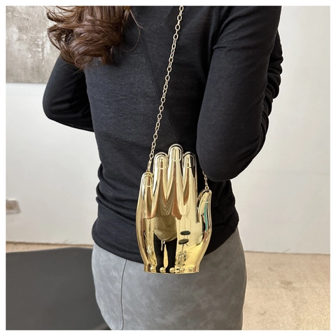 Creative Gold Palm Hand Shaped Clutch Bag Women Acrylic Mirror Finish Evening Party Shoulder Bag With Metal Chain