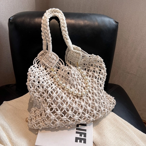 Damen Gewebte Handtasche Macrame Baumwollseil Ausgehöhlte Strandtasche Mit Kunstperlengriff Und Segeltuch Innentasche