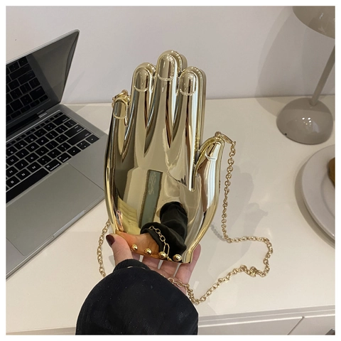 Creative Gold Palm Hand Shaped Clutch Bag Women Acrylic Mirror Finish Evening Party Shoulder Bag With Metal Chain