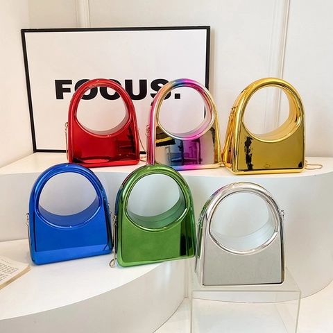 Moderne Geometrische Abendtasche Damen Acryl Metall Spiegelglanz Hohlrunder Griff Kettenschultergurt Umhängetasche Handtasche