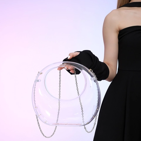 Crescent Evening Bag Acrylic Transparent Clear Modern Party Handbag With Metal Chain Shoulder Strap For Women Crossbody