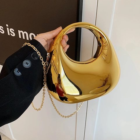 Women Evening Bag Acrylic Mirror Finish Moon Shape Chain Crossbody Metallic Glossy Minimalist Handbag