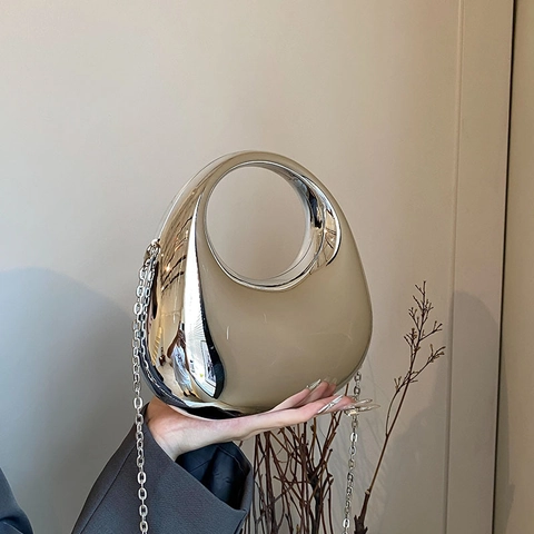 Women Evening Bag Acrylic Mirror Finish Moon Shape Chain Crossbody Metallic Glossy Minimalist Handbag