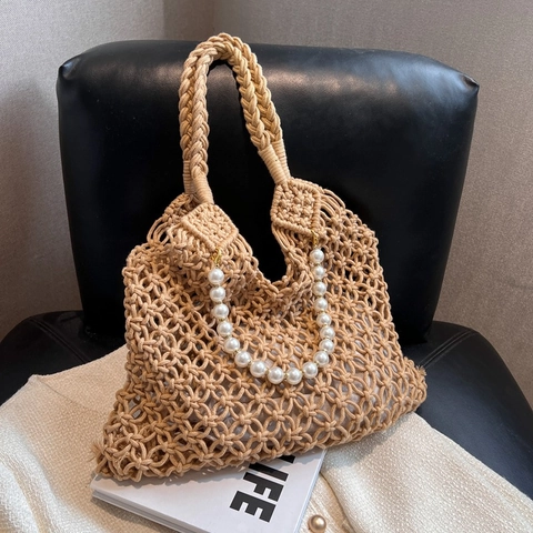 Damen Gewebte Handtasche Macrame Baumwollseil Ausgehöhlte Strandtasche Mit Kunstperlengriff Und Segeltuch Innentasche
