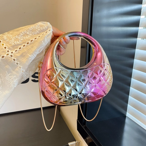 Abendtasche Aus Metallischem Spiegel Acryl Gesteppte Clutch Mit Hohlem Rundem Griff Und Kettenriemen Für Damen Party