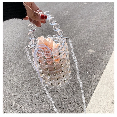 Sac Seau Fait Main En Perles Acryliques Transparentes Avec Pochette En Satin Sac De Soirée Et Bandoulière Pour Femmes