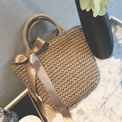 Handgewebte Strohtasche Damen Sommer Strandurlaub Eimer Handtasche Mit Satinschleife Rundem Griff Umhängetasche