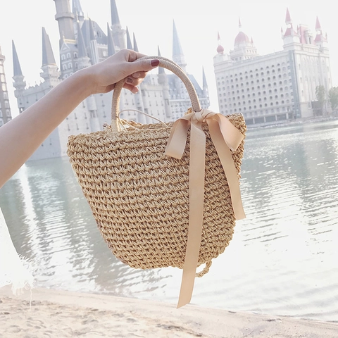 Handgewebte Strohtasche Damen Sommer Strandurlaub Eimer Handtasche Mit Satinschleife Rundem Griff Umhängetasche