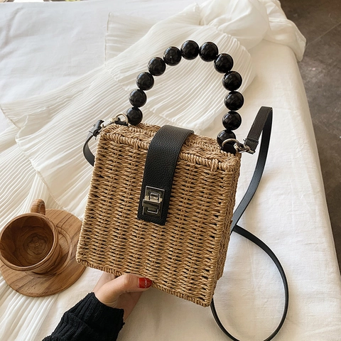 Borsa A Mano In Paglia Intrecciata A Mano Retrò Con Manico In Perline Nere E Finiture In Pelle Borsa A Tracolla Stile Spiaggia Estate
