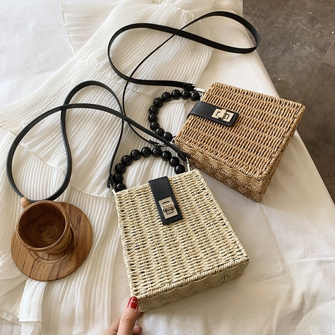 Borsa A Mano In Paglia Intrecciata A Mano Retrò Con Manico In Perline Nere E Finiture In Pelle Borsa A Tracolla Stile Spiaggia Estate