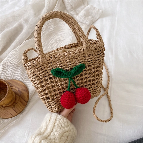 Straw Crossbody Bag Hand Woven Crochet Cherry Decor Drawstring Lining Beach Vacation Summer Pastoral Style For Women