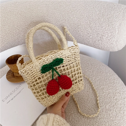 Straw Crossbody Bag Hand Woven Crochet Cherry Decor Drawstring Lining Beach Vacation Summer Pastoral Style For Women