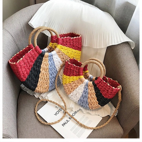 Borsa A Mano In Paglia A Righe Arcobaleno Multicolore Mezzaluna Spiaggia Vacanza Estate Tote Per Donne