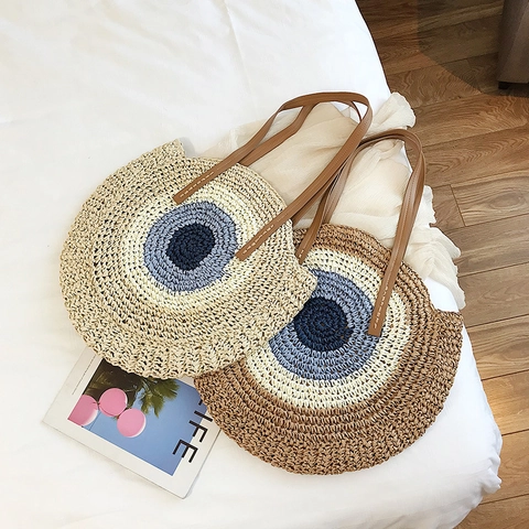 Borsa In Paglia Intrecciata Rotonda Bohemian Estate Spiaggia Tote Borsa A Spalla Con Tracolla In Pelle PU Motivo Occhio Di Allah Per Donne