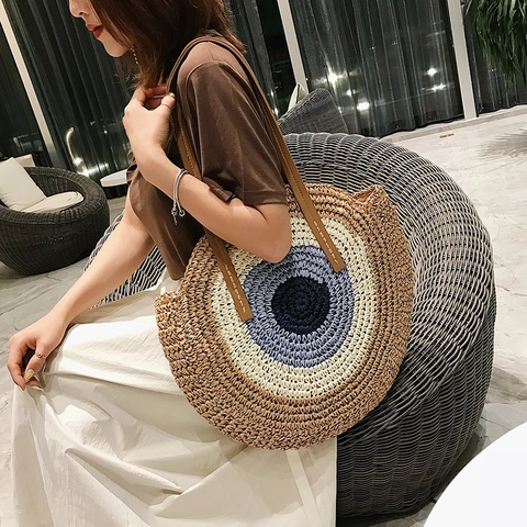 Borsa In Paglia Intrecciata Rotonda Bohemian Estate Spiaggia Tote Borsa A Spalla Con Tracolla In Pelle PU Motivo Occhio Di Allah Per Donne