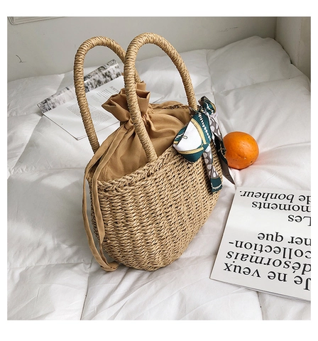 Sac À Main Seau Tissé En Paille Avec Pochette Intérieure À Cordon Et Foulard En Satin Décoratif Style Plage Été