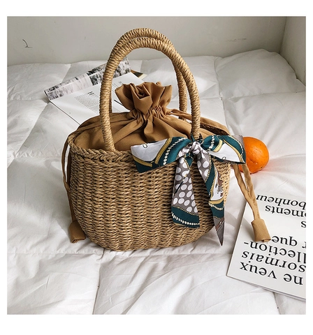 Sac À Main Seau Tissé En Paille Avec Pochette Intérieure À Cordon Et Foulard En Satin Décoratif Style Plage Été