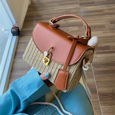 Women Summer Woven Straw Square Bag With Leather Flap Flower Lock Cotton Rope Strap Crossbody Shoulder Handbag