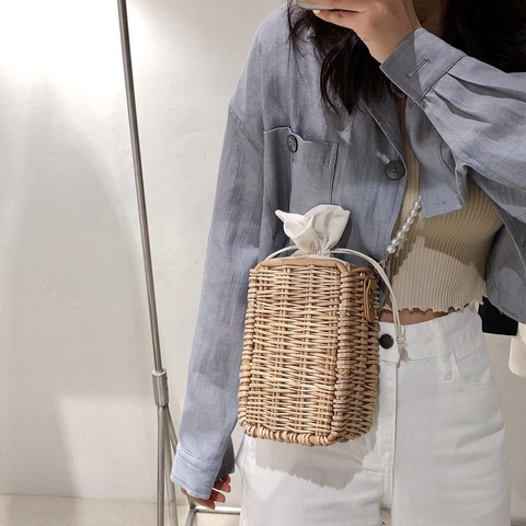 Sac En Paille D'été Femmes Vacances À La Plage Sac À Bandoulière En Rotin Tissé À La Main Avec Sangle En Künstliche Perles Style Bohème