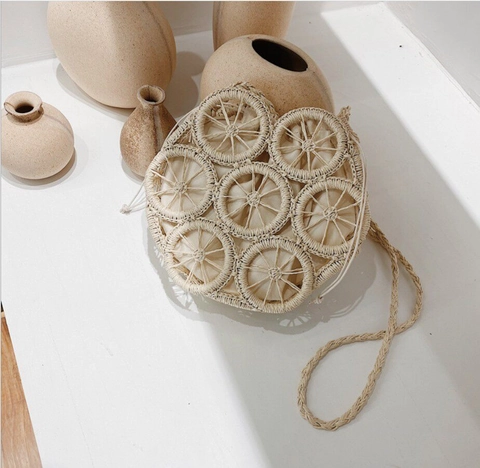 Runde Stroh Webte Schultertasche Hollow Out Kordelzug Innenbeutel Sommer Strand Urlaub Boho Umhängetasche Für Damen