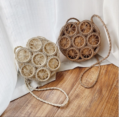 Runde Stroh Webte Schultertasche Hollow Out Kordelzug Innenbeutel Sommer Strand Urlaub Boho Umhängetasche Für Damen