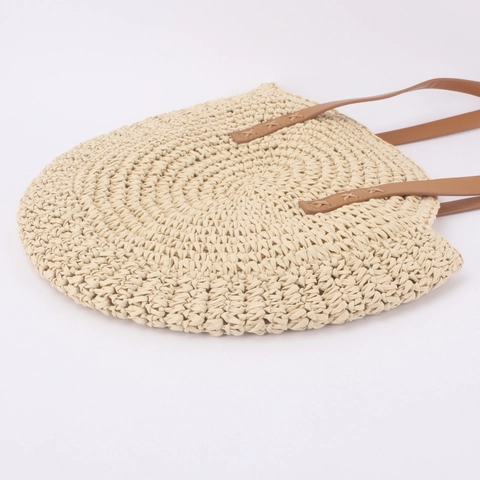 Women Round Straw Woven Handbag Large Capacity Beach Tote Summer Vacation Shoulder Bag With Zipper Closure Leather Handle