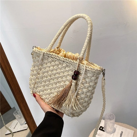 Vintage Stroh Gewebte Umhängetasche Mit Quaste Holzperlen Kordelzug Sommer Strand Handtasche Für Damen