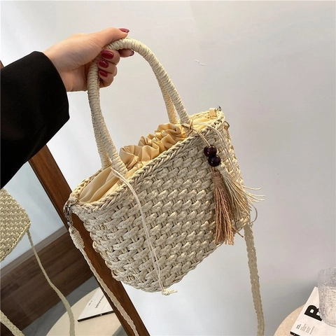 Vintage Stroh Gewebte Umhängetasche Mit Quaste Holzperlen Kordelzug Sommer Strand Handtasche Für Damen
