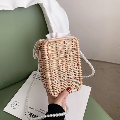Sac En Paille D'été Femmes Vacances À La Plage Sac À Bandoulière En Rotin Tissé À La Main Avec Sangle En Künstliche Perles Style Bohème