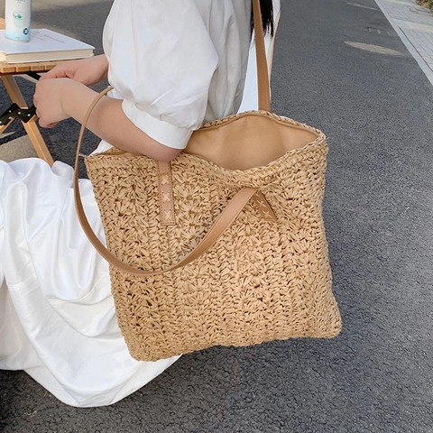 Borsa Tote In Paglia Intrecciata Con Tracolla In Pelle PU Grande Capacità Borsa A Spalla Da Spiaggia Estate Per Donna