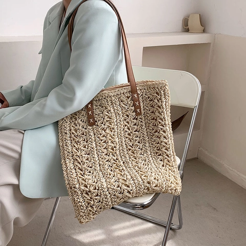 Borsa Tote In Paglia Intrecciata Con Tracolla In Pelle PU Grande Capacità Borsa A Spalla Da Spiaggia Estate Per Donna