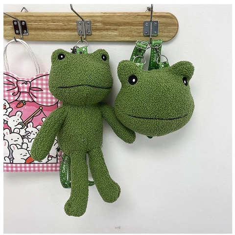 Cute Frog Plush Backpack And Crossbody Bag For Kids Girls Sherpa Fleece Cartoon Animal Adjustable Strap Green