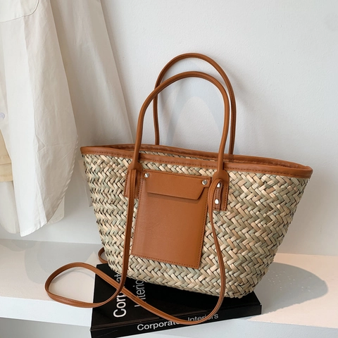 Borsa Tote da Donna in Paglia Intrecciata Vintage di Grande Capacità Con Cinturini in Pelle PU e Rivetti Borsa a Spalla Estiva