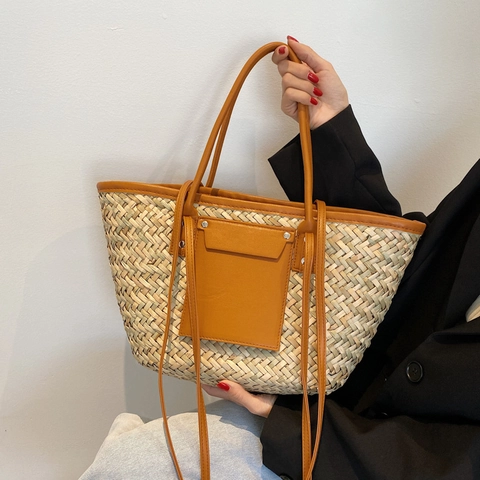 Borsa Tote da Donna in Paglia Intrecciata Vintage di Grande Capacità Con Cinturini in Pelle PU e Rivetti Borsa a Spalla Estiva