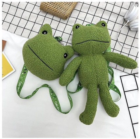 Cute Frog Plush Backpack And Crossbody Bag For Kids Girls Sherpa Fleece Cartoon Animal Adjustable Strap Green